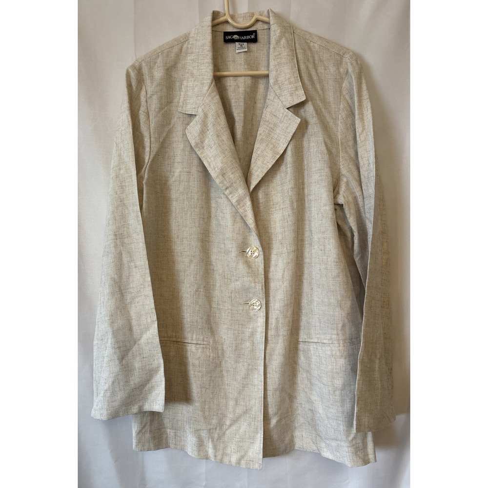 Vintage Sag Harbor Linen Blazer 16 Women's Natural Tan Beige Lightweight Jacket